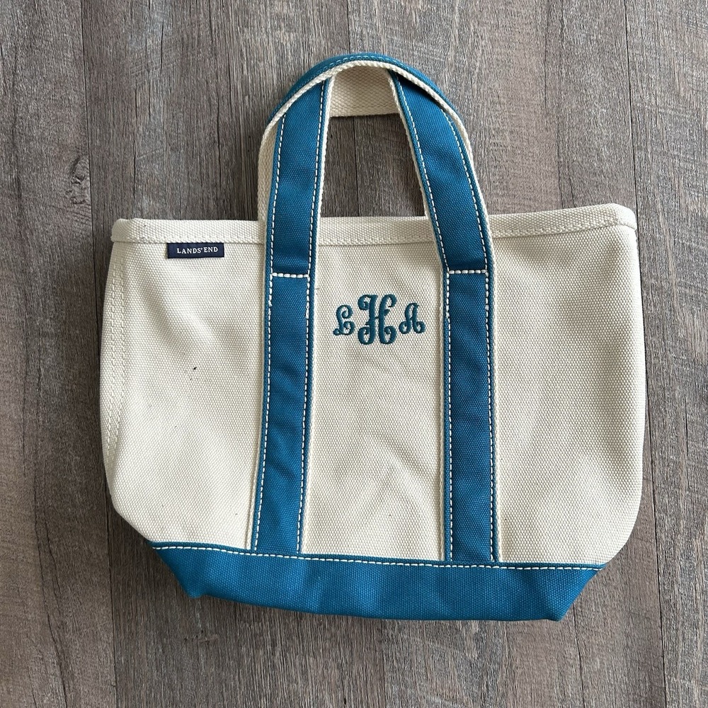 Lands' End Small Zip Top Canvas Tote Bag Natural Teal Monogrammed